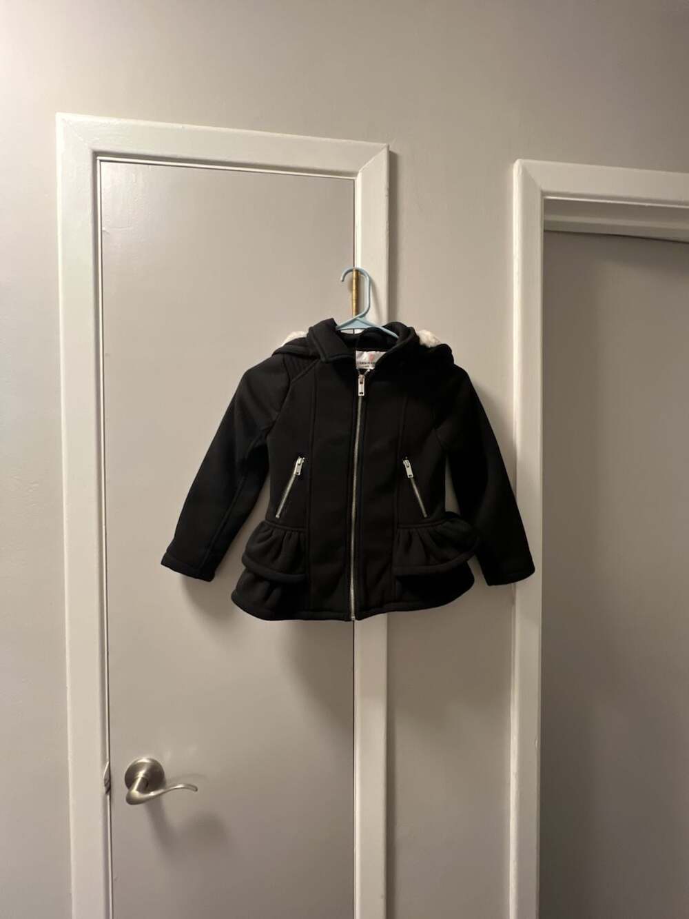 Urban Republic Girls Black Peplum Winter Coat with Hood and Ruffle Hem